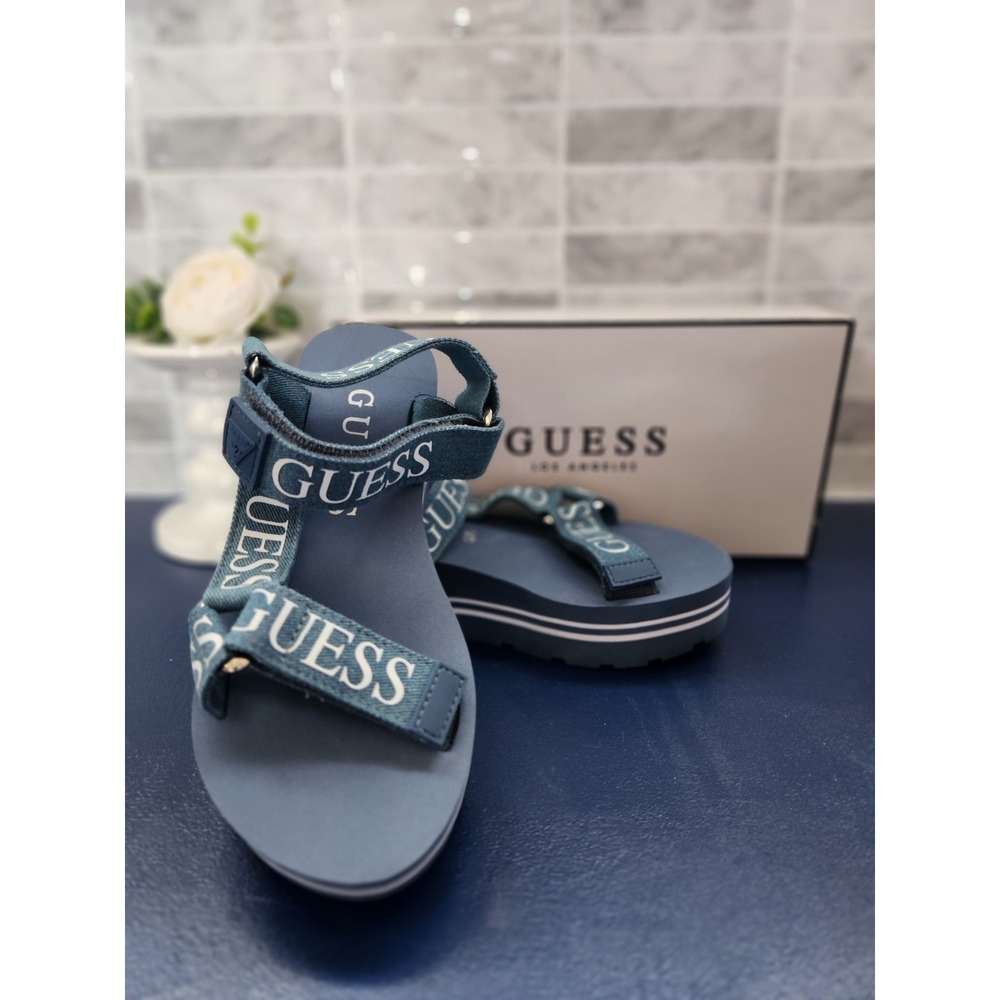 New Guess Women's Avin Wedge Sandal, Blue & White Denim, Size 6 M